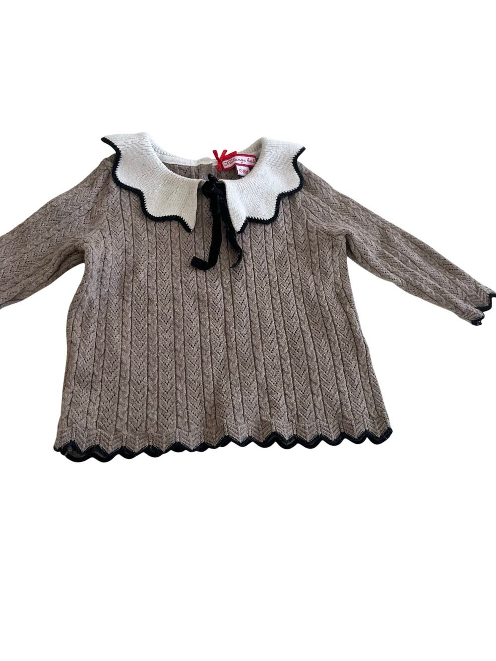 Melange Girls Cable Knit Sweater Ruffle Collar Brown Cream Cottagecore 12-18M